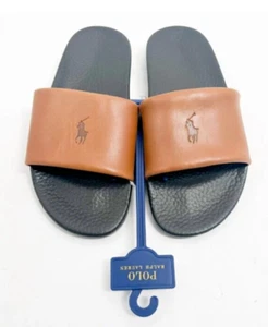Polo Ralph Lauren Men's Size 12 Brown Leather Pony Slides - Picture 1 of 12