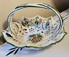 Vintage Ceramic Basket Hand Painted Floral Portugal Fluted Edge Twisted Handle 