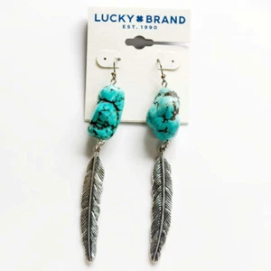 Lucky Brand Turquoise Feather Drop Earrings Retro Women Party Vacation Jewelry - Picture 1 of 3
