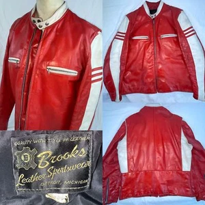 VTG 70S MEN L BROOKS RED WHITE TUTONE LEATHER MOTORCYCLE BIKER CAFE RACER JACKET - Picture 1 of 24