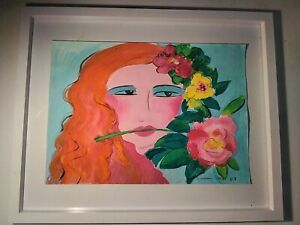 Walasse Ting Chagall Matisse Klee Pop Style Original Art Woman Red Hair Roses