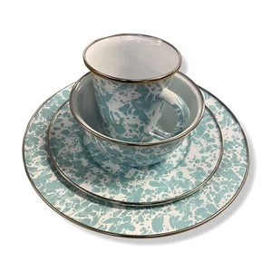 $264 Golden Rabbit Blue Sea Glass Swirl Steel 16-Piece Dinnerware Set - Picture 1 of 9