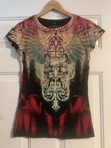 T-Shirt In Vein schwarz Strass Glitzer Struktur Flügel Größe M Neu mit Etikett - Bild 1 von 3