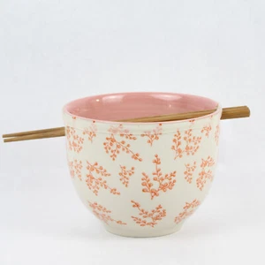Tag White & Pink Ceramic Ramen Bowl Set with Wooden Chopsticks - Good Condition - Picture 1 of 5