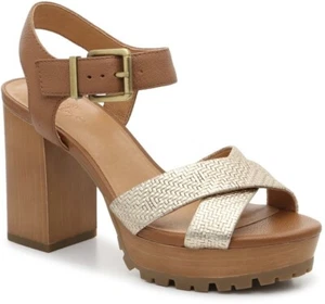 New! Crown Vintage JULA Goldtone & Beige Leather Platform SANDAL Heels Size 8 M - Picture 1 of 12