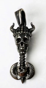 Sterling Silver 925 Viking Helmet Skull Battle Axe Gothic Biker Pendant - 9.1g - Picture 1 of 5