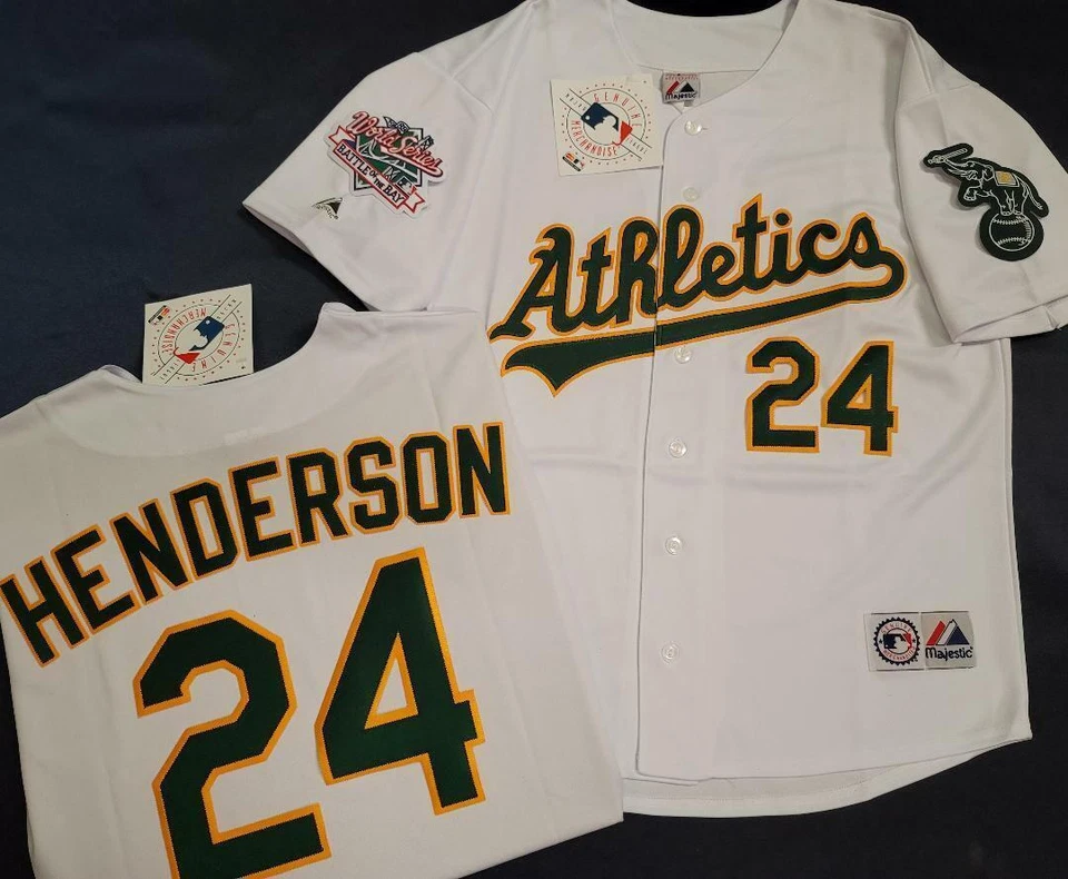 Majestic 1989 Oakland A's RICKEY HENDERSON Serie Mundial Camiseta de Béisbol Blanco Gris Foto 1 de 1