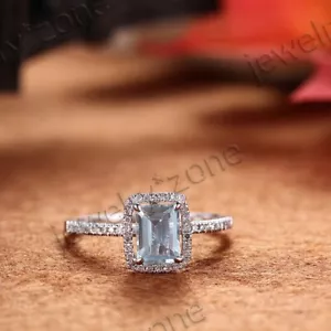 Genuine Aquamarine Solid 14k White Gold Gemstone Engagement Wedding Fine Ring - Picture 1 of 11