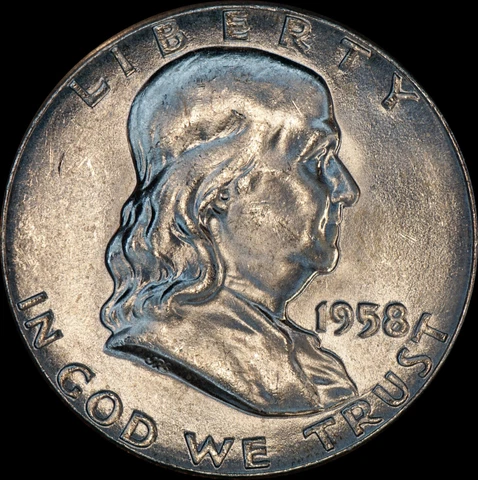 1958 Franklin Half Dollar 90% Silver UNC, Nice Toning, As Shown 978 Cover