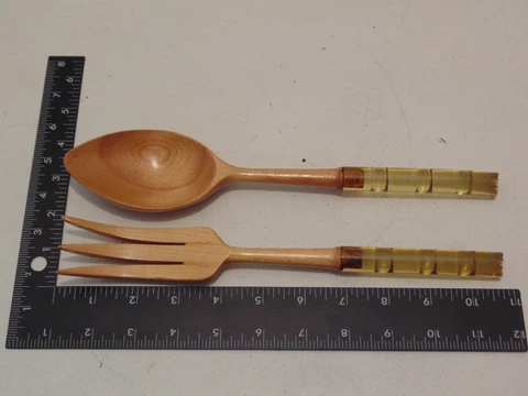 Vintage LUCITE Handle And Wood Scoop Salad Serving Spoon And Fork  11” Long Cover