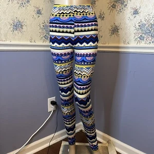 New Mix Blue Colorful Striped Zig Zag Print Leggings, One Size Fits Most - Picture 1 of 9