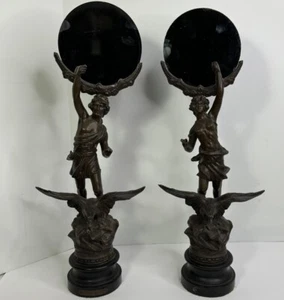Pair Of French Spelter Statues Le Jour And La Nuit Shaving Mirrors - Picture 1 of 24