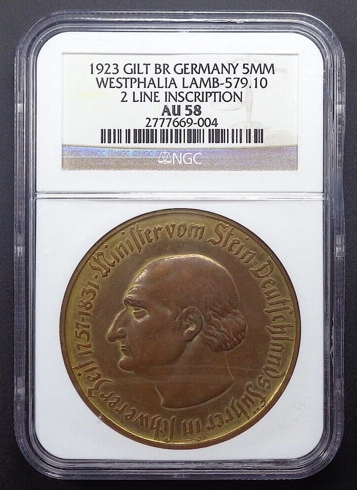 1923 Weimar Germany - Westphalia Gilt-Bronze 5 Million Mark Notgeld, NGC AU 58. - Image 1 of 4