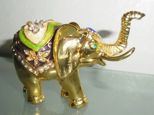 VINTAGE ENAMEL ELEPHANT FIGURINE TRINKET BOX SPARKLING GOLD PLATED DESIGN - Picture 1 of 8