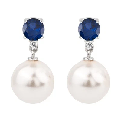14k White Gold Plated 22 Ctw Lab Created Sapphire & Freshwater Pearl Earrings - Image 1 of 4
