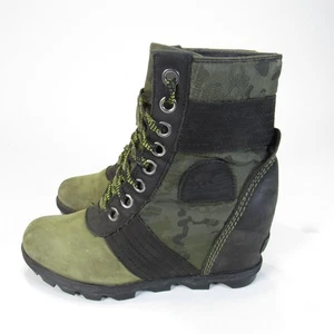 Sorel Boots Womens Size 7.5 Green Camo Wedge Lace Up Ankle Combat NL3043-371 - Picture 1 of 14