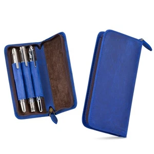 3 Slots Handmade Crazy Horse Leather Fountain Rollerball Pen Case, Blue - Imagen 1 de 6