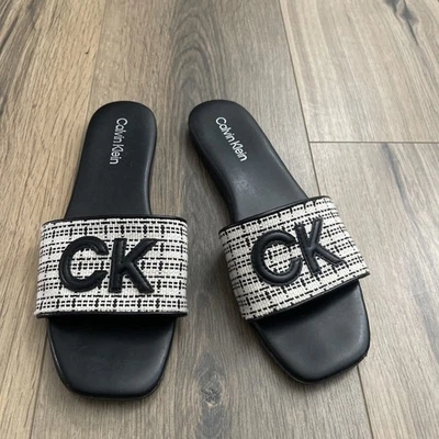 Женские сандалии-шлепанцы Calvin Klein размер 7,5 Yides CK с логотипом черные бежевые - Изображение 1 из 4
