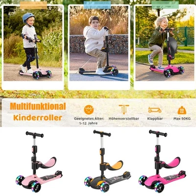 Kinderscooter mit Klapp- & Abnehmbarem Sitz Roller mit Großen Rädern & LED - Bild 1 von 4