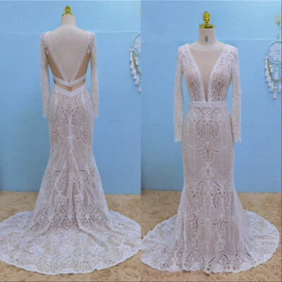 Sexy Lace Mermaid Wedding Dresses Long Sleeve Backless Boho Bridal Gowns - Image 1 of 4