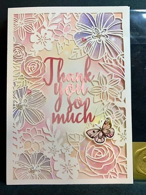 Thank You Card Pink Laser Cut Floral Butterfly Sequin Pearl - Image 1 of 4