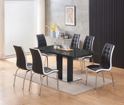 Dining Table Set Black Glass and Black High Gloss Rectangle 6 Faux Leather Chair - Image 1 of 4