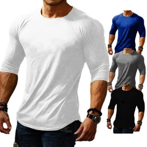 Mens Skinny Round Neck Long Sleeves T Shirt Gym Tops Fitness Bodybuilding Tees - Picture 1 of 19