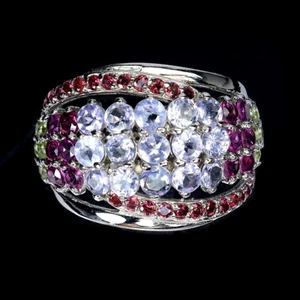 Estate 925 Anello Argento Rotondo Tanzanite Peridoto Rodolite Gemma Taglia 8 - Foto 1 di 14