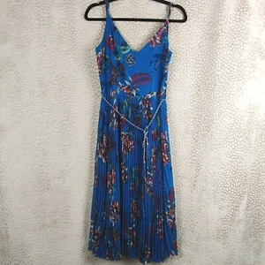 Oasis Womens Midi Dress Blue Floral Print Size UK 10 Pleated Belted - Picture 1 of 17