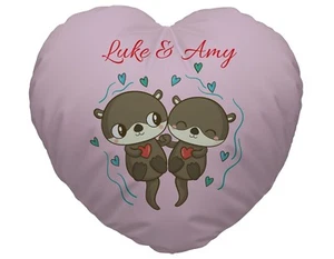 Personalised Pink Love Otters Design Heart Shaped Cushion Valentines Day Gift - Picture 1 of 2