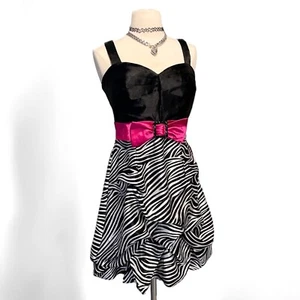Y2k Hot Pink Zebra Print Bubble Kleid Satin Strass Gürtel Barbiecore Abschlussball Vintage - Bild 1 von 17