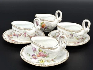 4x Porcelain Sauce Boats Dresden Flowers Swan Handle Schlesische Louis Levinsohn - Picture 1 of 19
