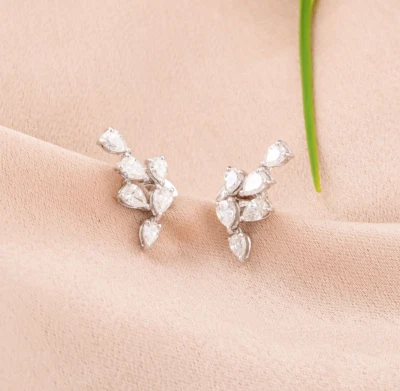 0.92 Ct Lab Grown CVD Pear Diamond Cluster Stud Earrings 14k White Solid Gold - Image 1 of 4