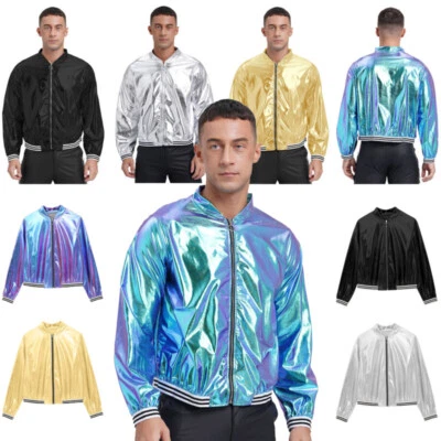 Mens Metallic Jacket Disco Party Varsity Baseball Bomber Jacket Coat Clubwear - Image 1 of 4