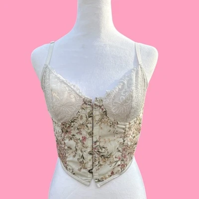 Crema y Tostado Corsé Encaje Top Cordones Trasero Delantero Gancho y Ojo Cierre Coqueta S Foto 1 de 4