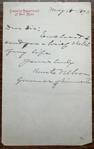 Knut Nelson / Cinta de campaña firmada nota y biografía de Minnesota 1893 - Imagen 1 de 3