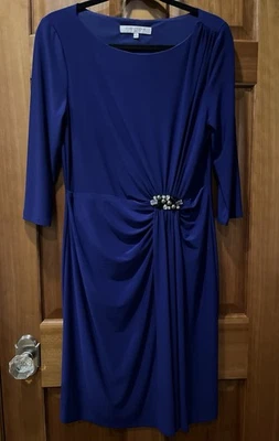 Vestido para mujer Evan-Picone talla 12 forrado azul oscuro acanalado adornado con gemas 3/4 todo Foto 1 de 4