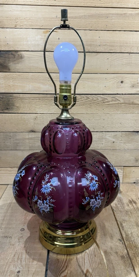 Vintage MCM Carl Falkenstein Amethyst Glass Double Bubble Lamp Floral Pattern - Image 1 of 4