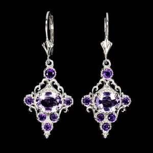 925 Sterling Silver Earrings Oval Amethyst 8x6mm Natural Gemstone Jewelry - Picture 1 of 13