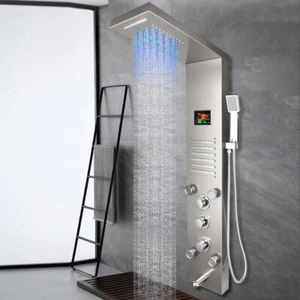 Silber LED Duschpaneel System Digital Display Massage Jets 6-Wege Duscharmatur - Bild 1 von 12