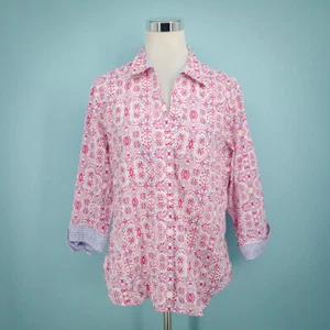 Foxcroft Size Large L Button Down Floral Print Collared 3/4 Sleeve Easy Care Top - Picture 1 of 8
