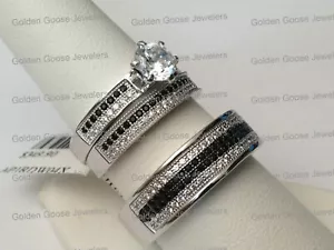 Cubic Zirconia His Her Men Women Black CZ Sterling Silver Trio Set Wedding Ring - Picture 1 of 8