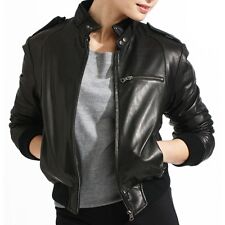 Women's Bomber Jacket Genuine Lambskin Leather In Short Stand Collar - ALL SIZES