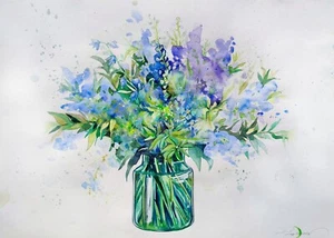 Original Watercolor Painting Flowers Bouquet in Vase Wall Art Floral Painting - Picture 1 of 7