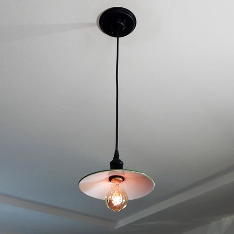 Cloth Cord Pendant Ceiling Light. Vintage French Enameled Shade. New UL Listed F Cover