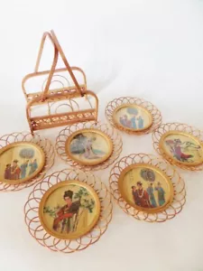 Vintage Bamboo Wicker Coasters Asian Goddess Historical Figures Set of 6 Holder - Picture 1 of 9