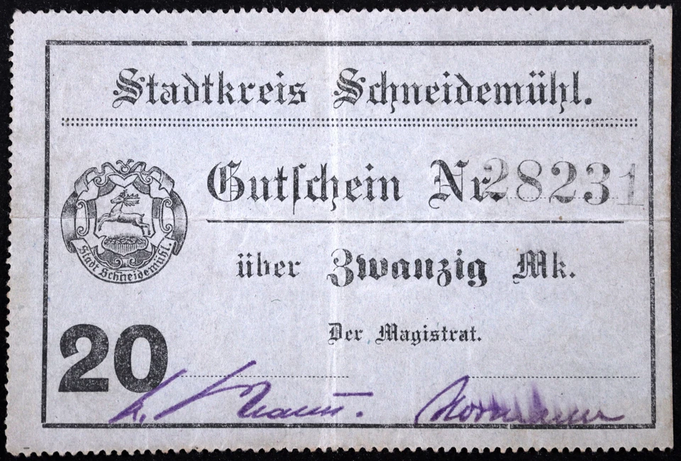 SCHNEIDEMÜHL / PIŁA 1918 XX-RARO 20 Mk Grossnotgeld Alemán Notgeld Polonia Posen Foto 1 de 2