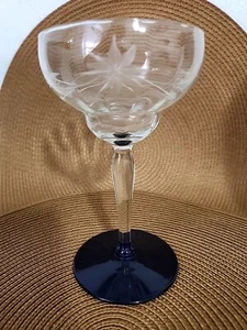 Weston Louie Glass Optic Etched Champagne goblet w/cobalt blue foot - 1 Glass - Picture 1 of 3