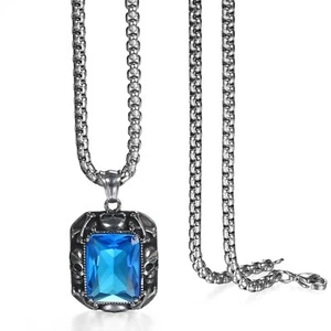 Gothic Punk Mens Stainless Steel Square Zircon Skull Pendant Chain Necklace - Picture 1 of 14