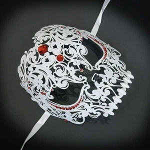 Candy Skull Collection | Metal Masquerade Mask White with Red Rhinestones Men - Picture 1 of 4